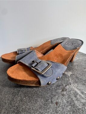 Y2K Lucky Brand Denim Blue Leather Buckle Kitten Heels Sandals 6.5